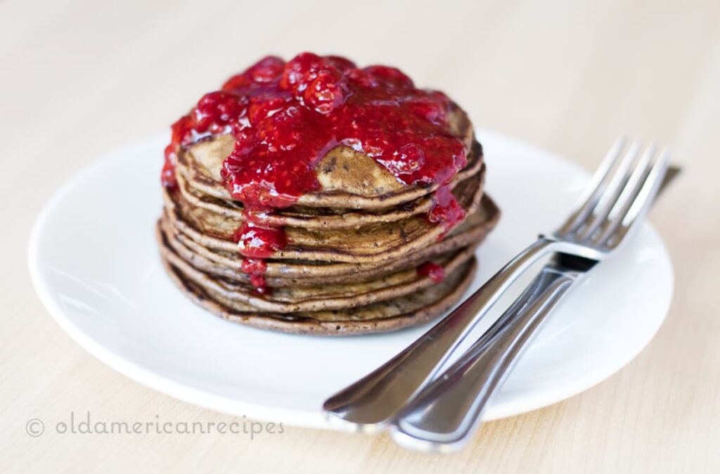 Chocolate Chip Pancakes with Crushed Raspberries