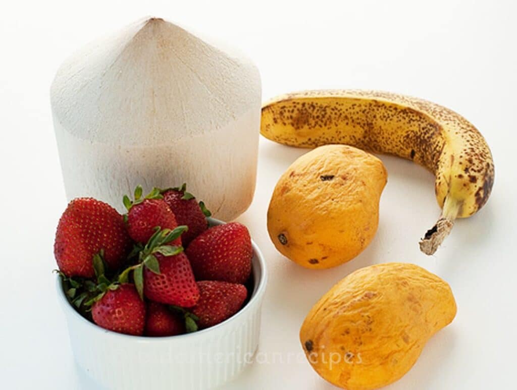 Coconut Water Smoothie with Mango, Banana, & Strawberries