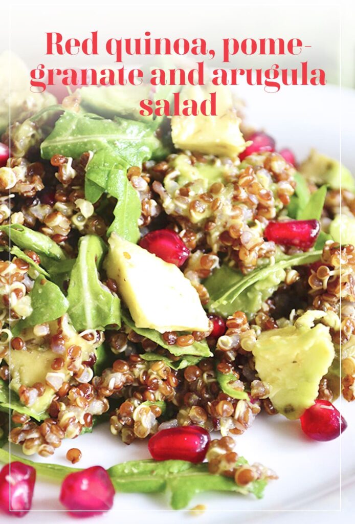 Red quinoa, pomegranate and arugula salad